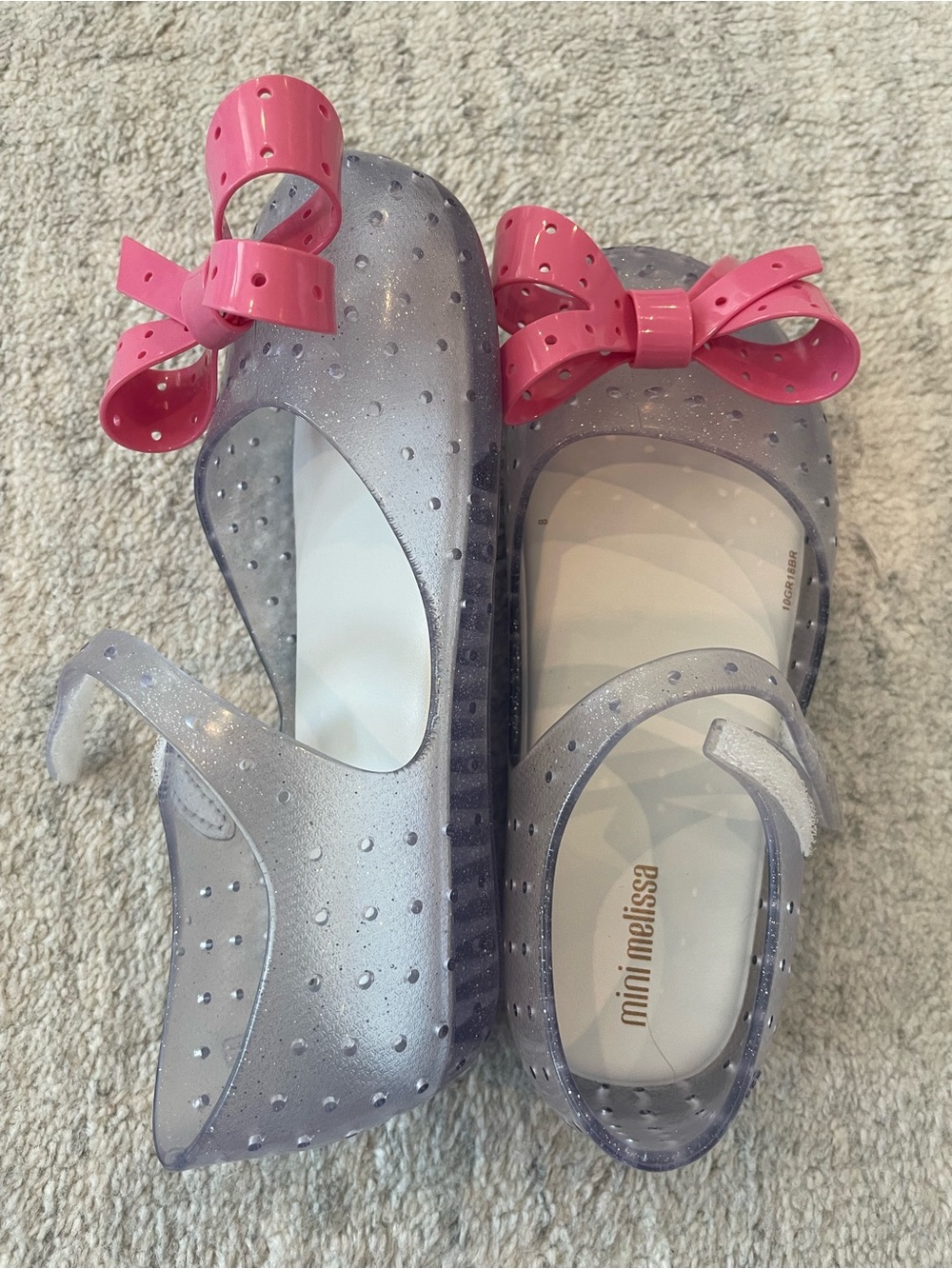 Mini Melissa Silver Glitter Jelly Mary Janes with Pink Bows sz 12